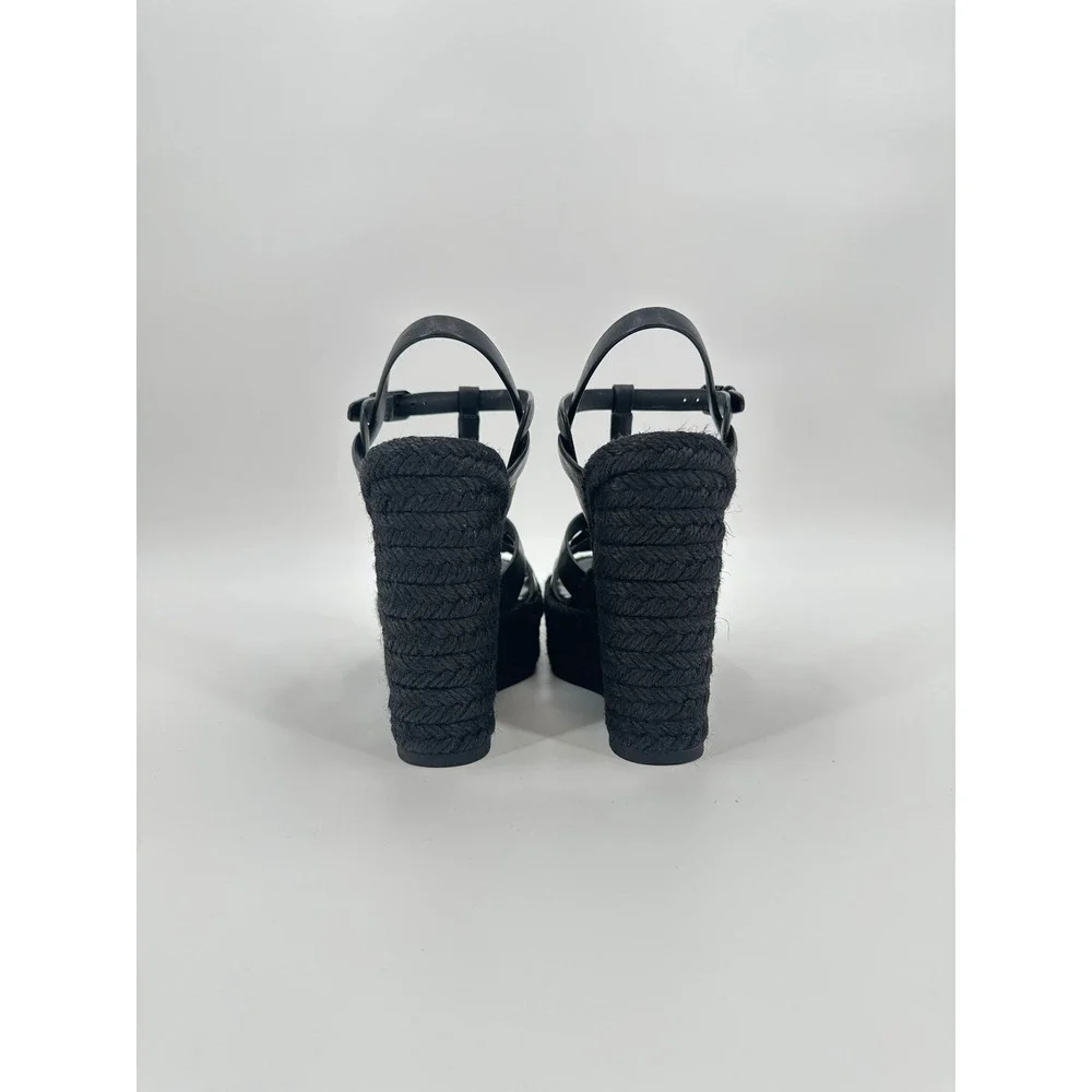 Saint Laurent Tribute Black Leather Espadrille Wedge Sandals Size 37